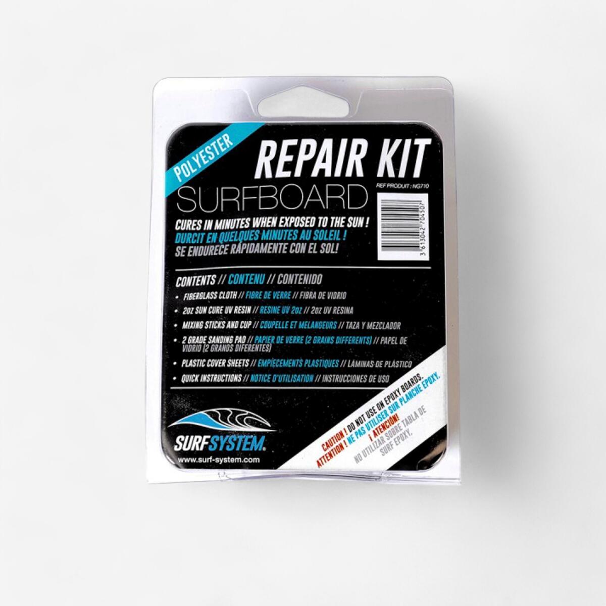 Kit de réparation pour planche de surf en résine polyester.