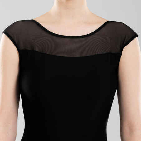 Women's Bi-Material Short-Sleeved Ballet Leotard - Black