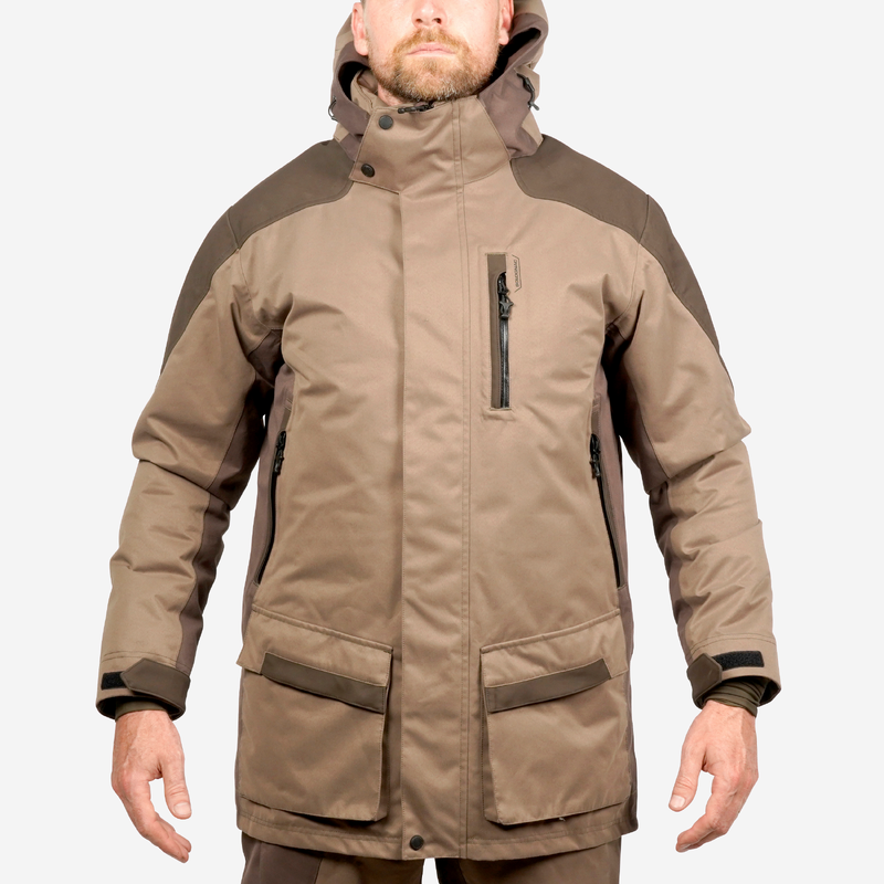 VESTE CHASSE IMPERMEABLE CHAUDE SILENCIEUSE MARRON 520 pour les clubs et collectivites Decathlon Pro