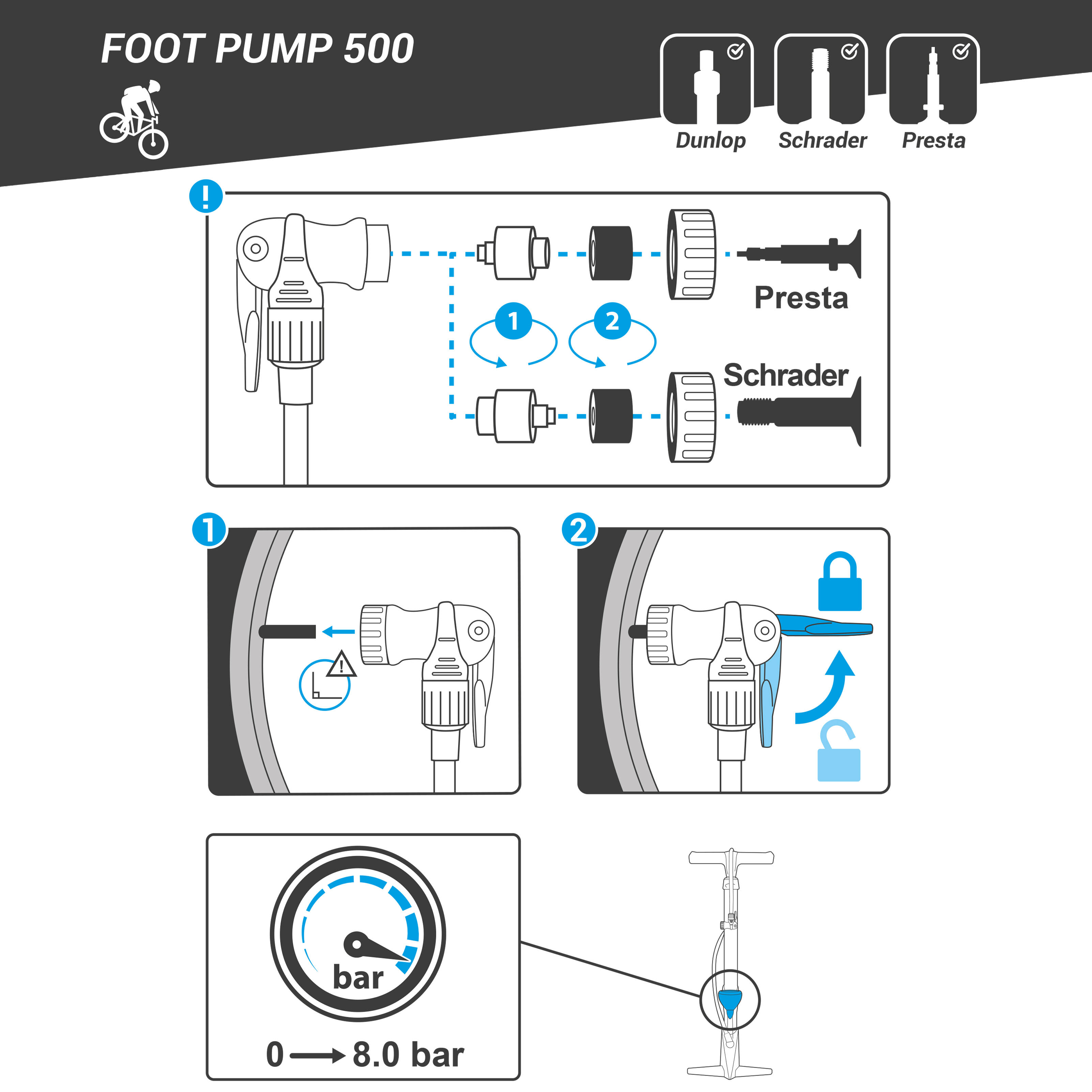 Portable Foot Pump With Automatically Reversing Presta & Schrader