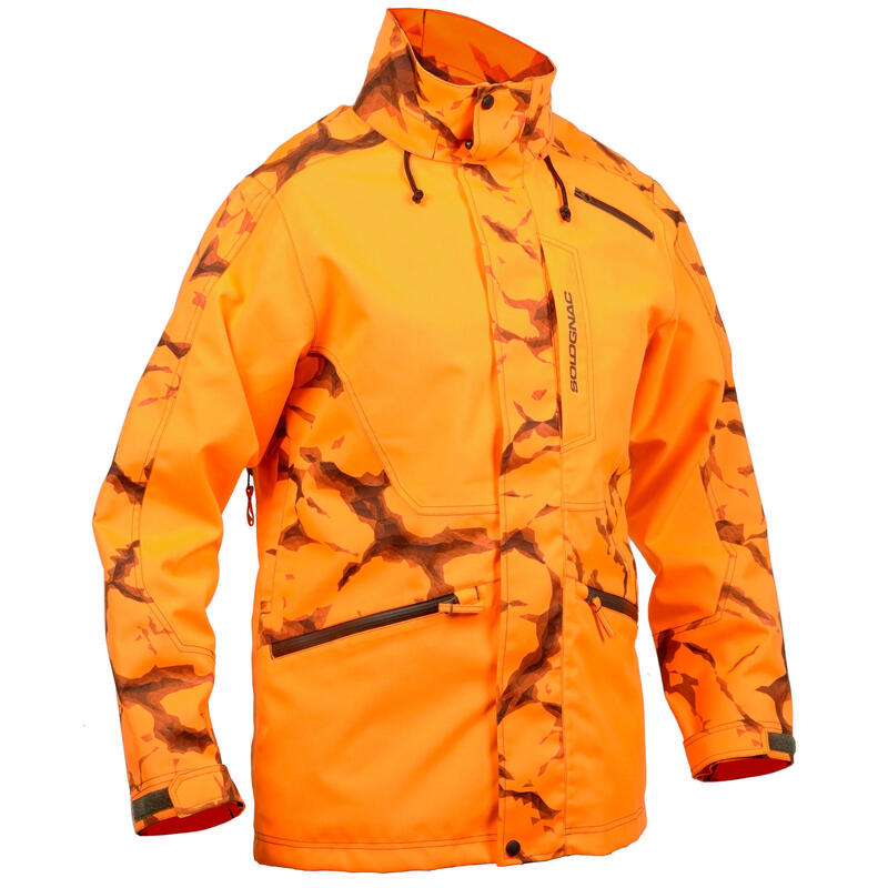 Chaqueta Caza Solognac 500 Hombre Reforzada Impermeable Naranja Fluo Visibilidad