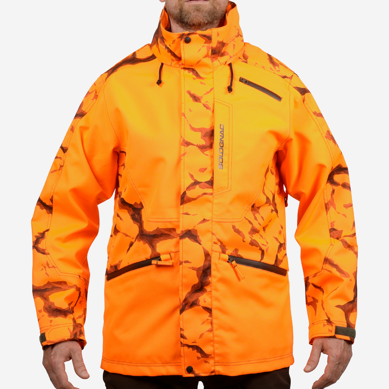 VESTE CHASSE RESISTANTE IMPERMEABLE ORANGE FLUO SUPERTRACK 500 pour les clubs et collectivites Decathlon Pro