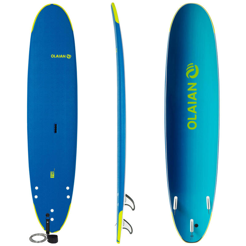 Planche de surf en mousse 8'6" 500. Livrée avec un leash et 3 ailerons.