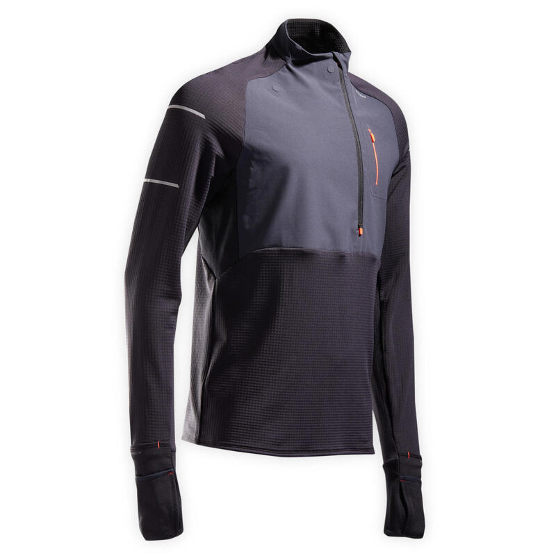 TEE SHIRT RUNNING MANCHES LONGUES HIVER HOMME KIPRUN WARM REGUL NOIR GRIS