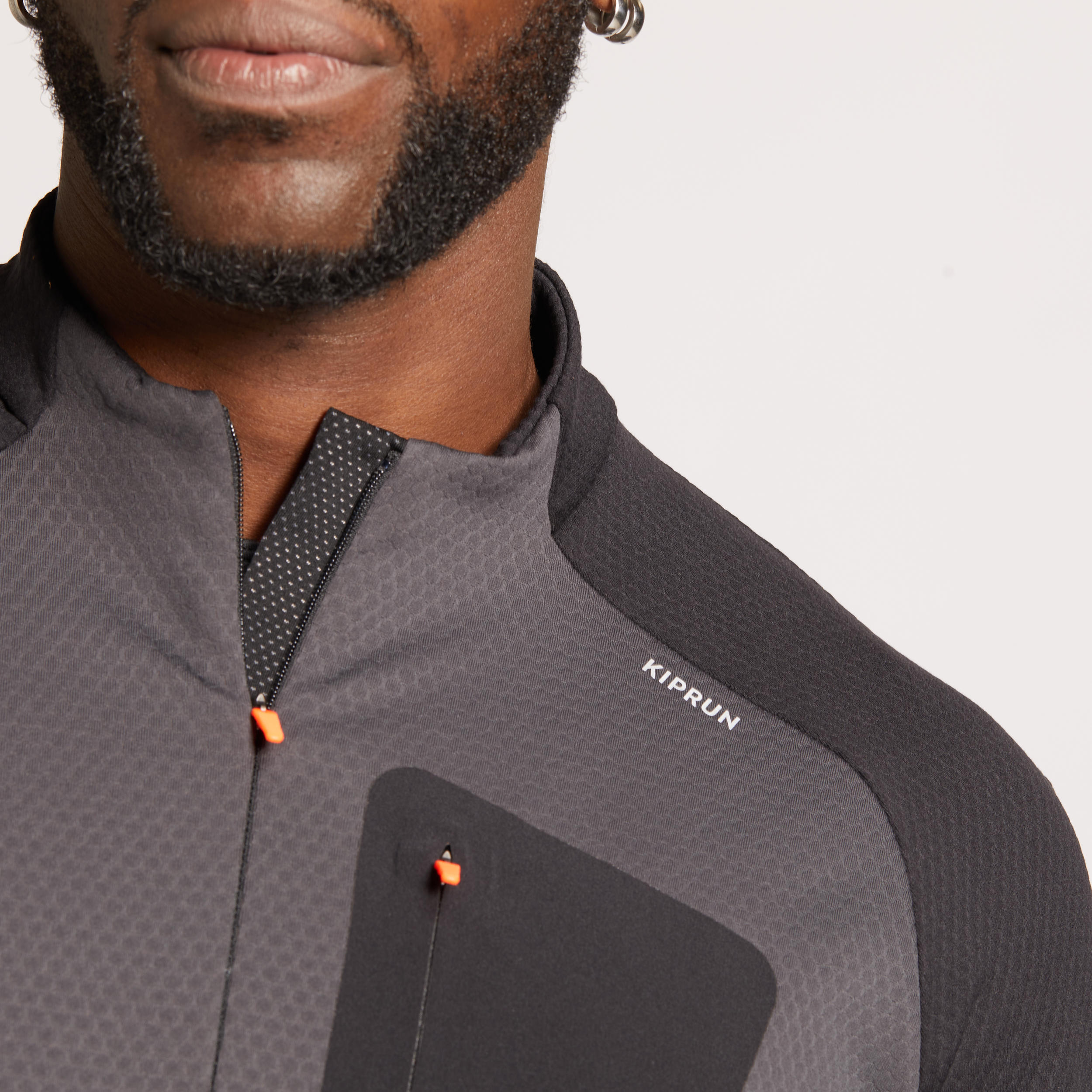 Kiprun Warm Long-Sleeved T-Shirt - Men - Carbon grey, Black, Fluo blood  orange - Kiprun - Decathlon