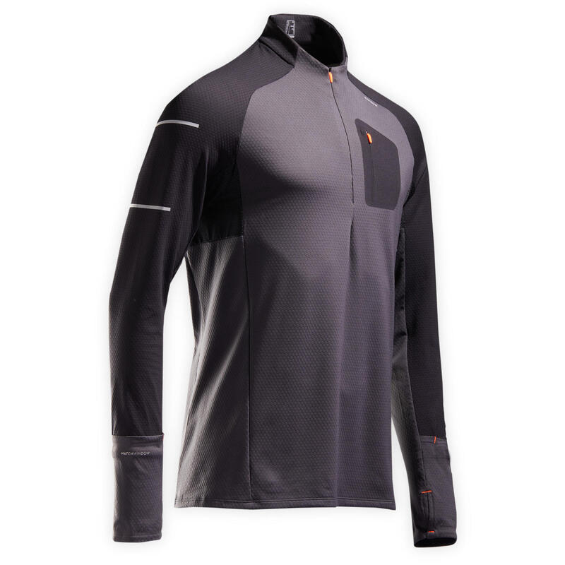 TEE SHIRT RUNNING MANCHES LONGUES HIVER HOMME KIPRUN WARM LIGHTNOIR GRIS