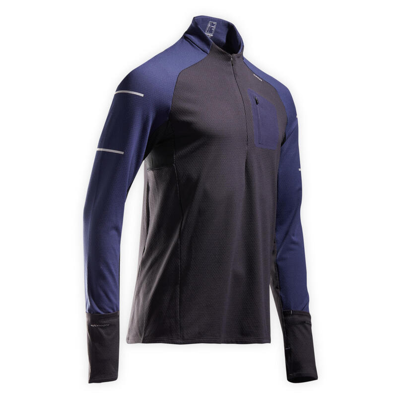 T-SHIRT RUNNING MANCHES LONGUES HIVER HOMME KIPRUN WARM LIGHT NOIR BLEU