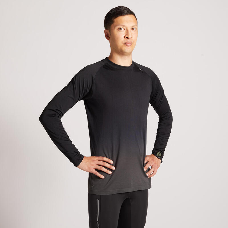 TEE SHIRT RUNNING HOMME RESPIRANT MANCHE LONGUE KIPRUN CARE NOIR GRIS