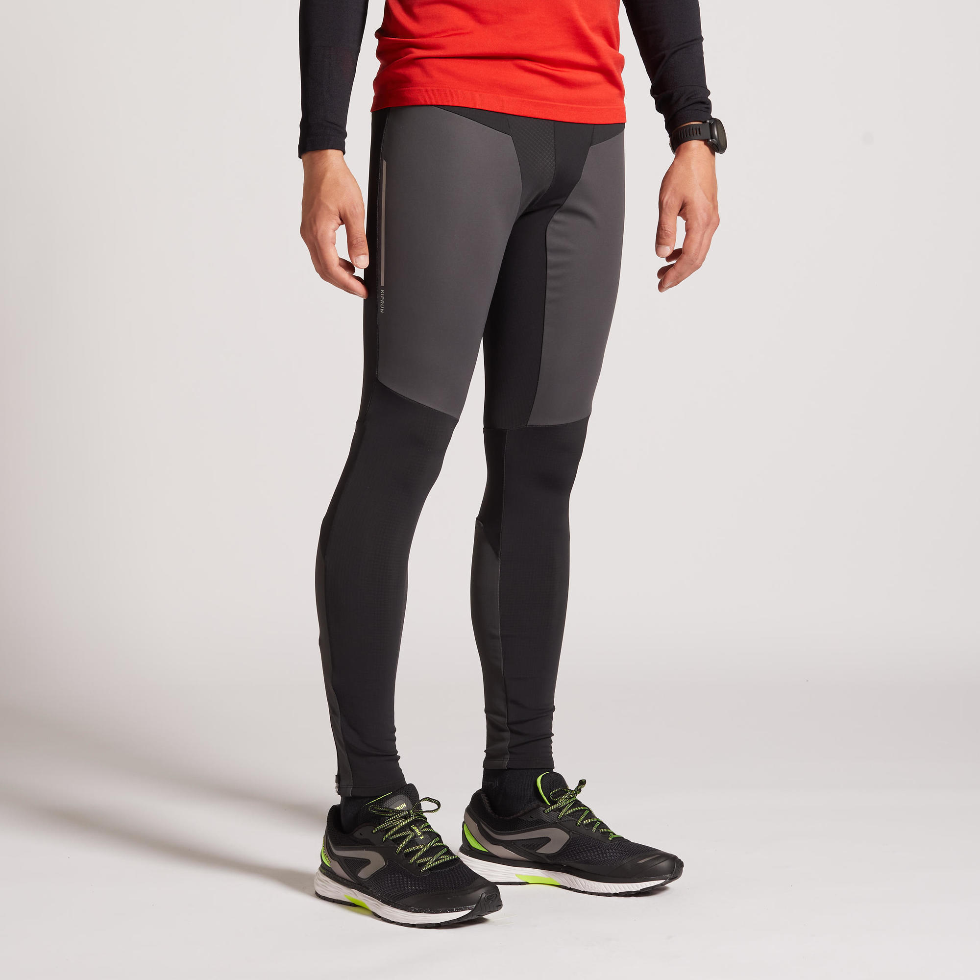 Men's Running Leggings - Warm Black/Grey - Black, Carbon grey, Fluo lime  yellow - Kiprun - Decathlon