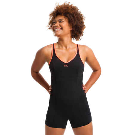 Maillot de bain 1 pièce shorty Aquafitness femme Lou noir orange