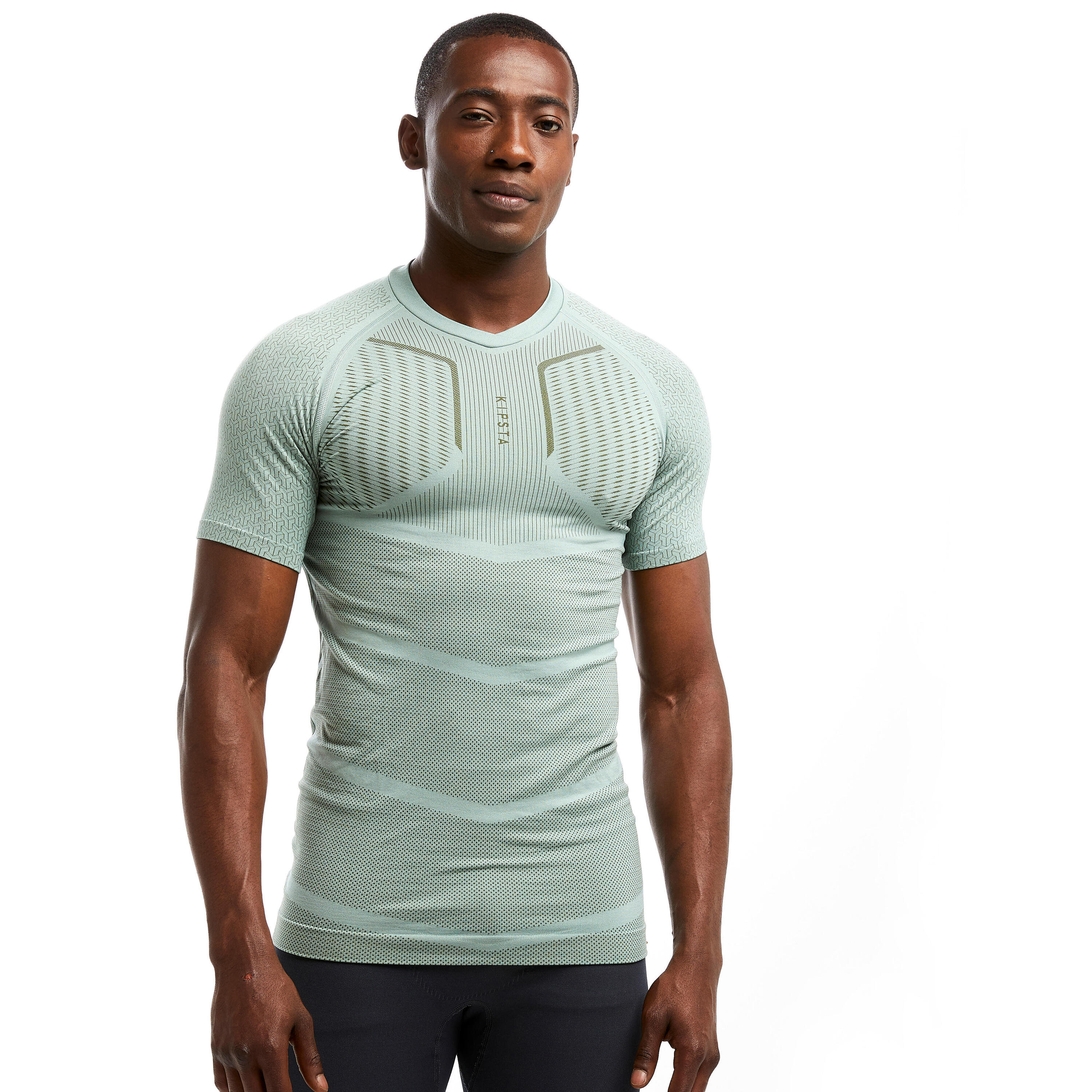 Men's Short-Sleeved Football Base Layer Top Keepdry 500 - Grey-Green 2/7