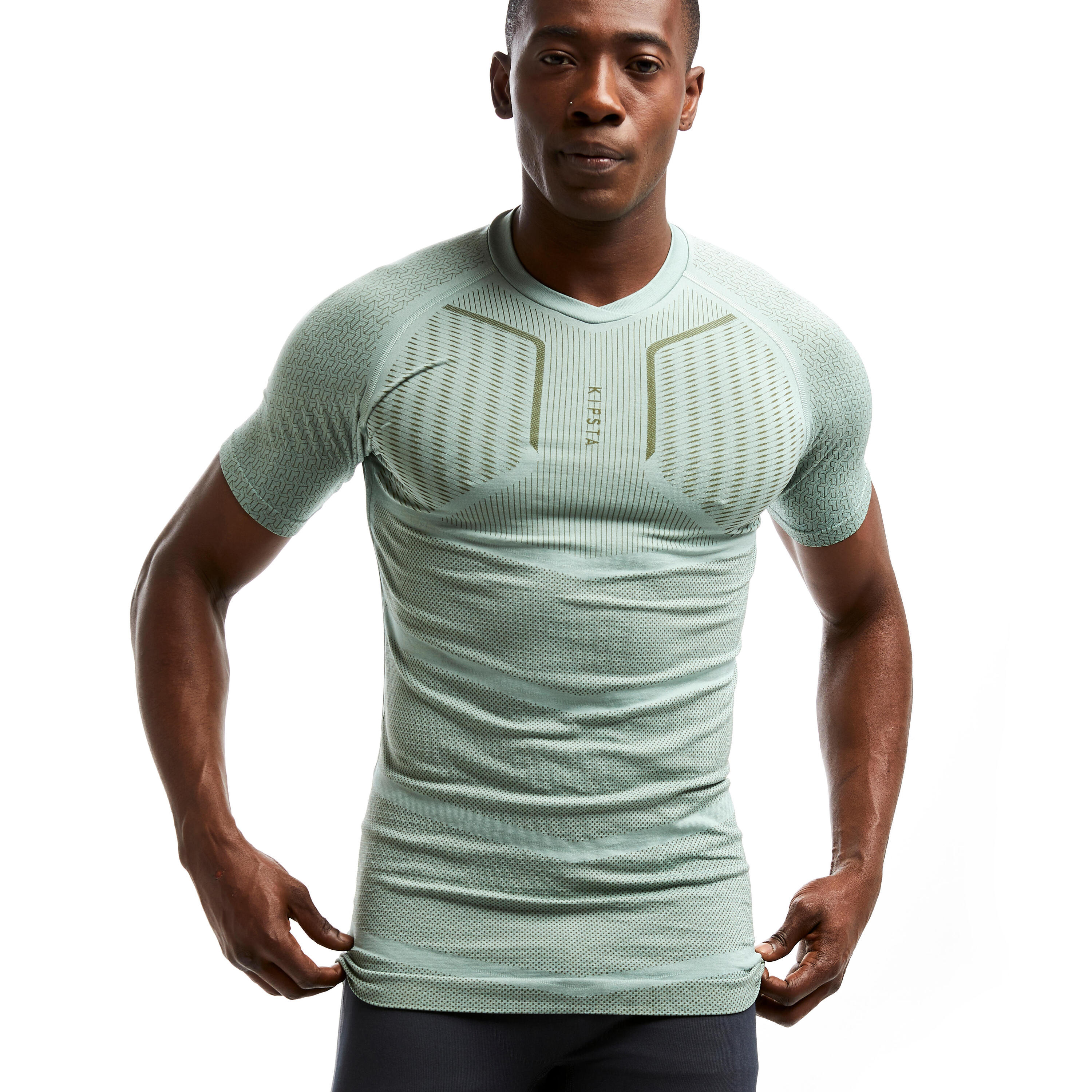 Men's Short-Sleeved Football Base Layer Top Keepdry 500 - Grey-Green 3/7