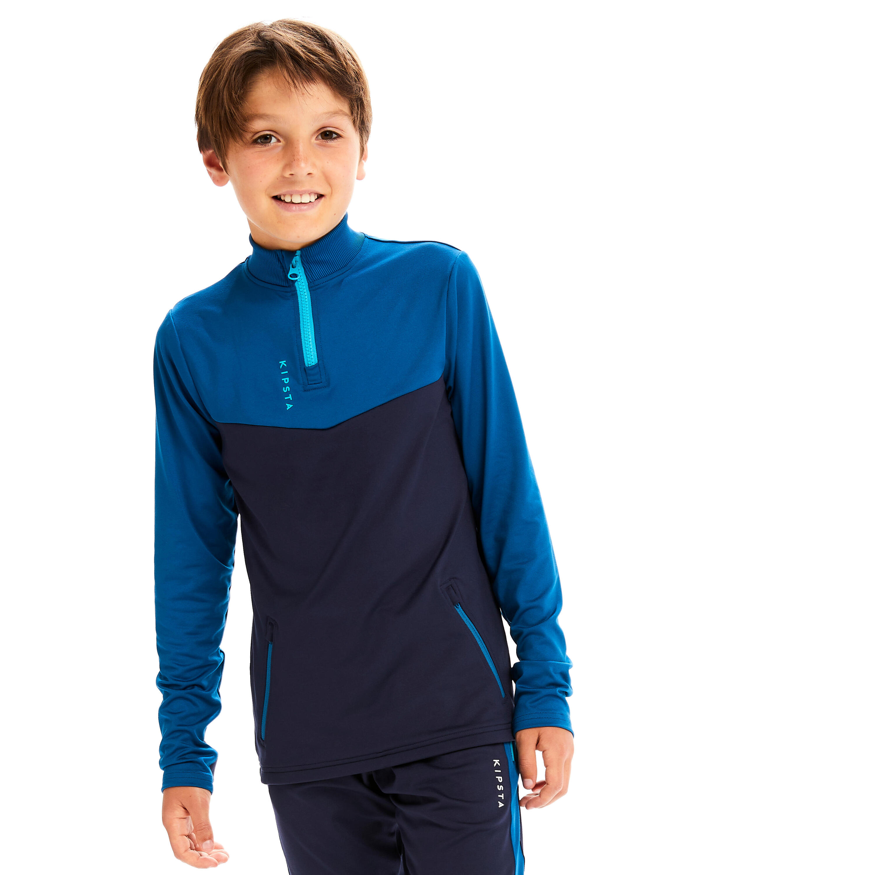 Kids' Football Half-Zip Training Sweatshirt T500 - Petrol Blue/Navy 2/9