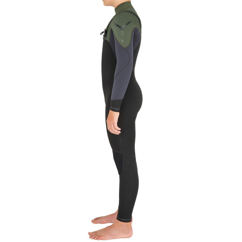 Wetsuit kind 3/2 mm 900 met front zip zwart/kaki