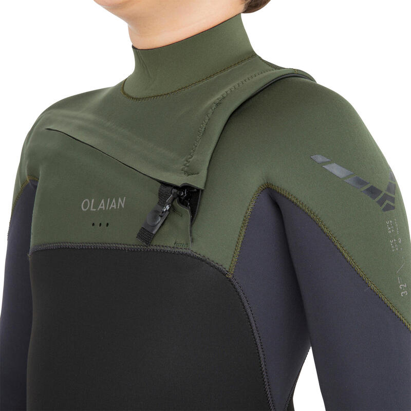 Wetsuit kind 3/2 mm 900 met front zip zwart/kaki
