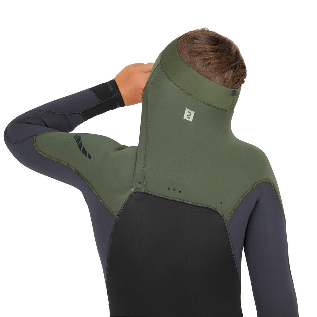 3/2 junior wetsuit front zip 900 - black khaki