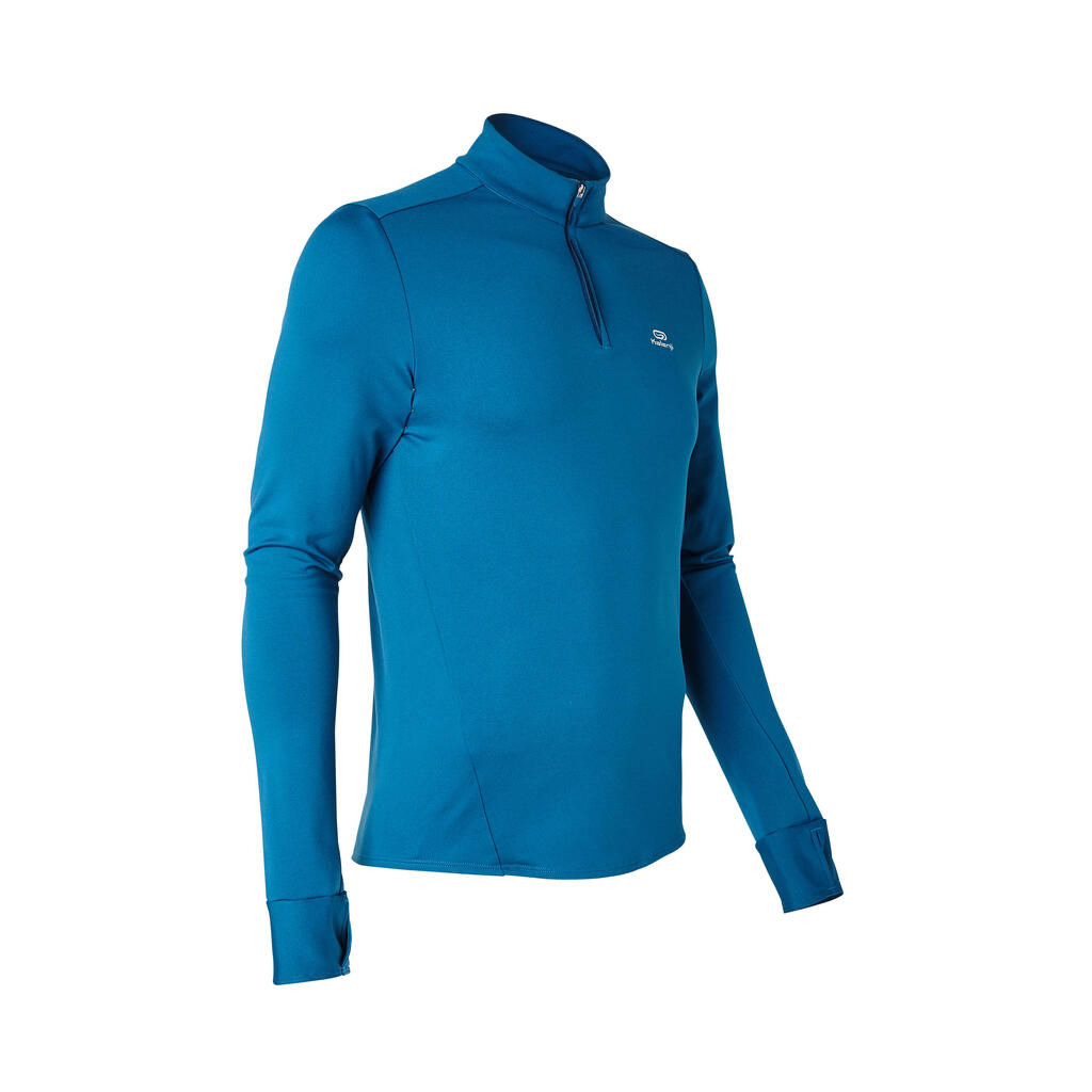 Men's Long-sleeved Warm Zip Running T-Shirt- KIPRUN Run 100 Warm - Blue