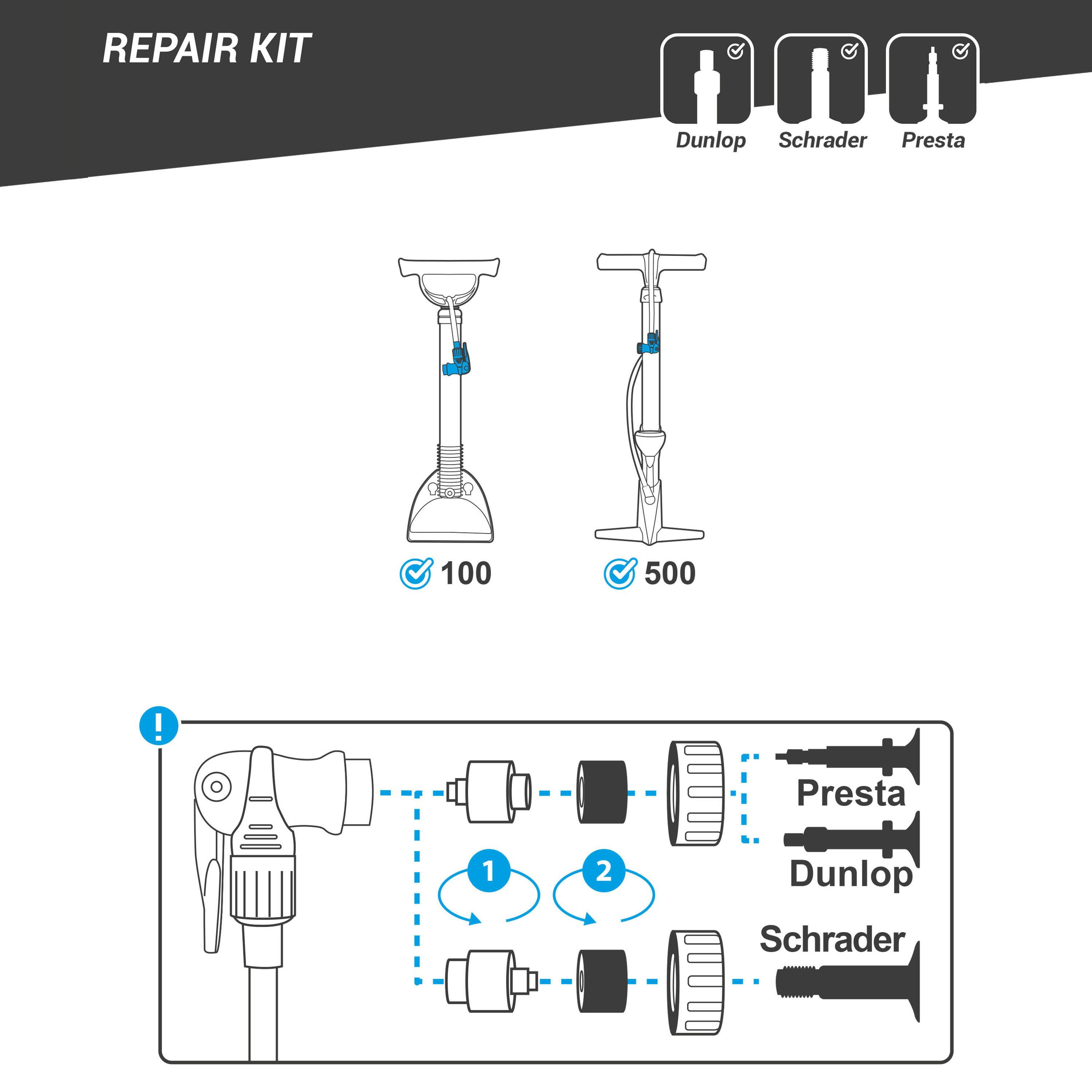 100 and 500 Bike Pump Head Repair Kit 4/42