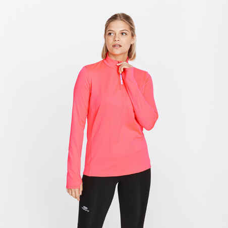 T-shirt manches longues chaud running femme - Zip warm corail fluo