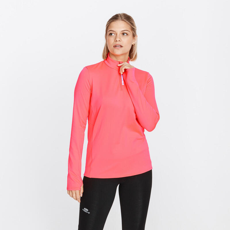 T-shirt manches langues chaud running femme - Zip warm corail fluo