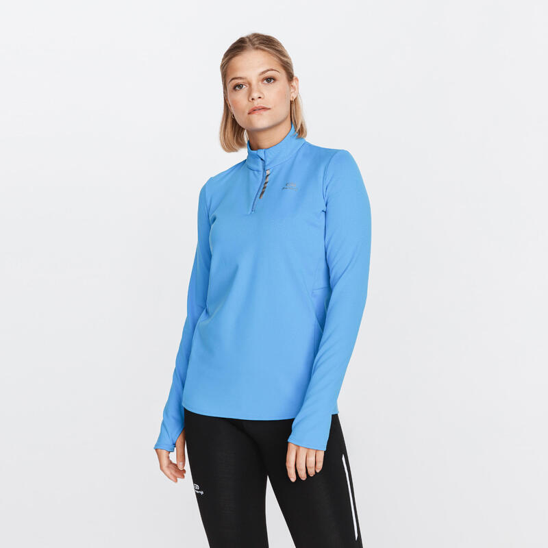 T-shirt manches longues chaud running femme - Zip warm bleu