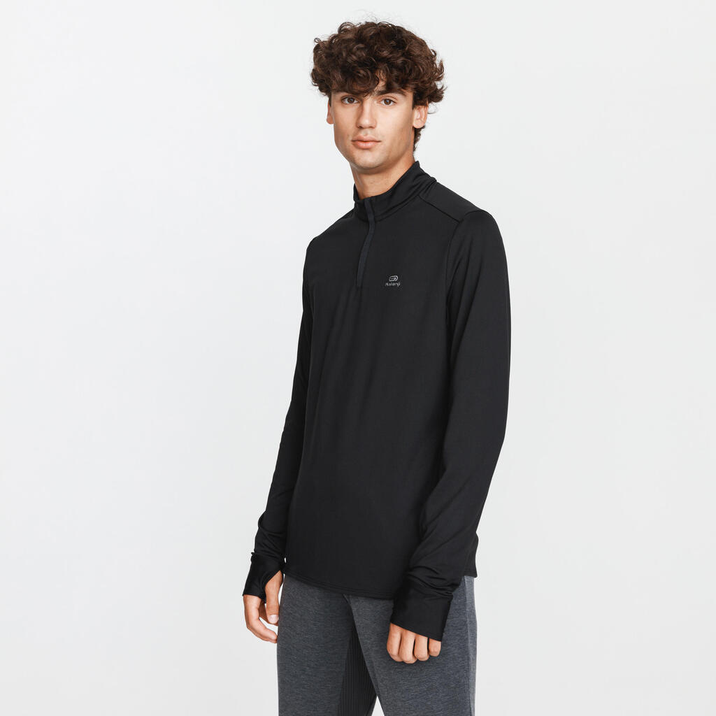 T-shirt zip chaud manches longues de running homme - kiprun run 100 warm noir