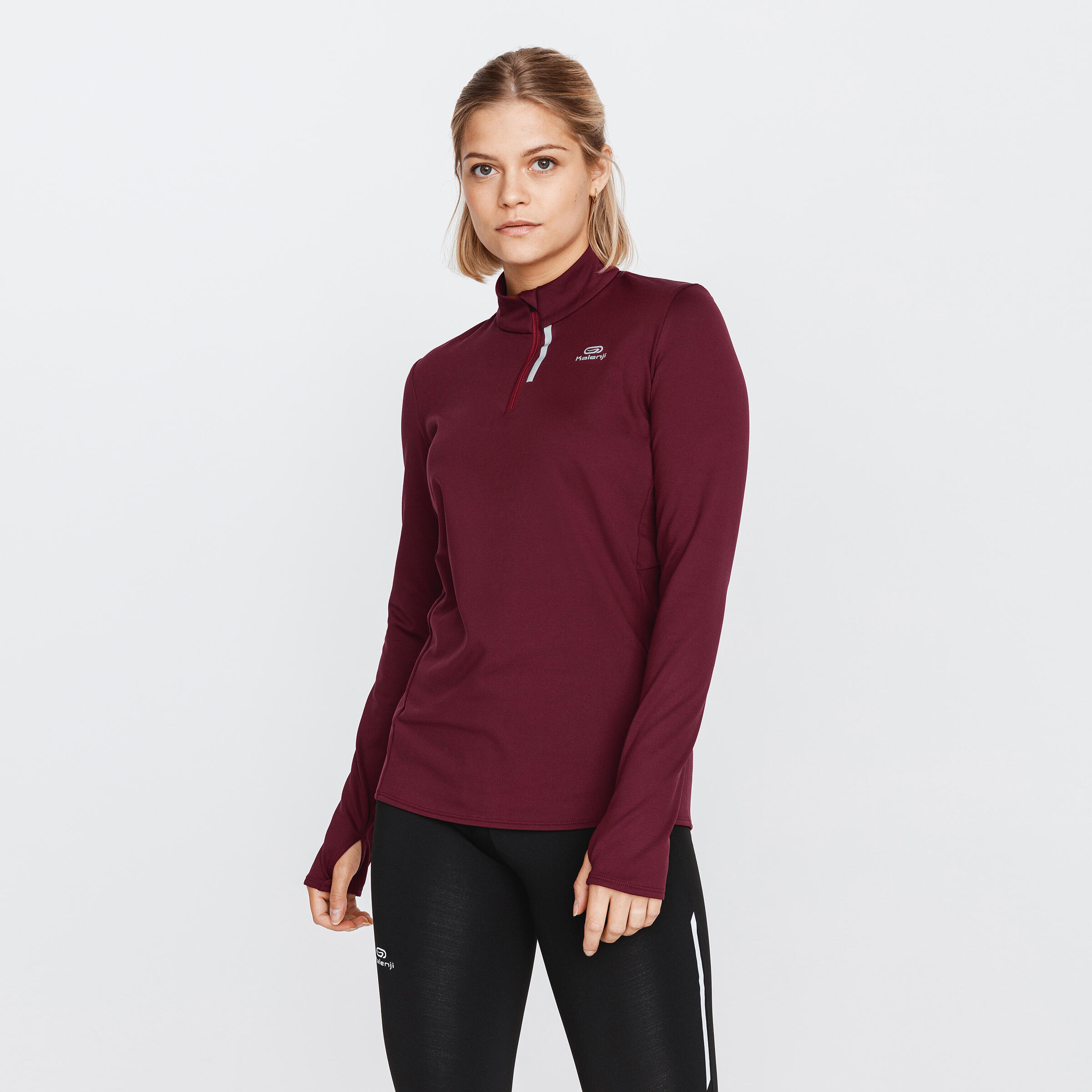 T shirt manches longues chaud running femme Zip warm bordeaux