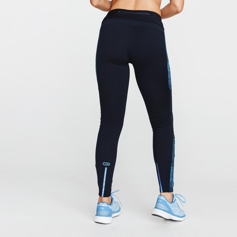 Pantaloni running donna RUN WARM+ azzurro-nero