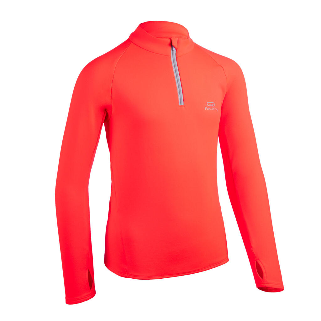 Laufshirt langarm Leichtathletik warm 1/2 Zip AT 100 Kinder neonkoralle