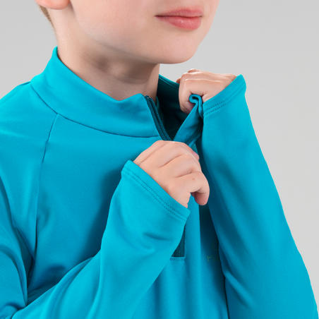 Maillot manches longues chaud 1/2 zip enfant d'athlétisme AT 100 bleu cyan