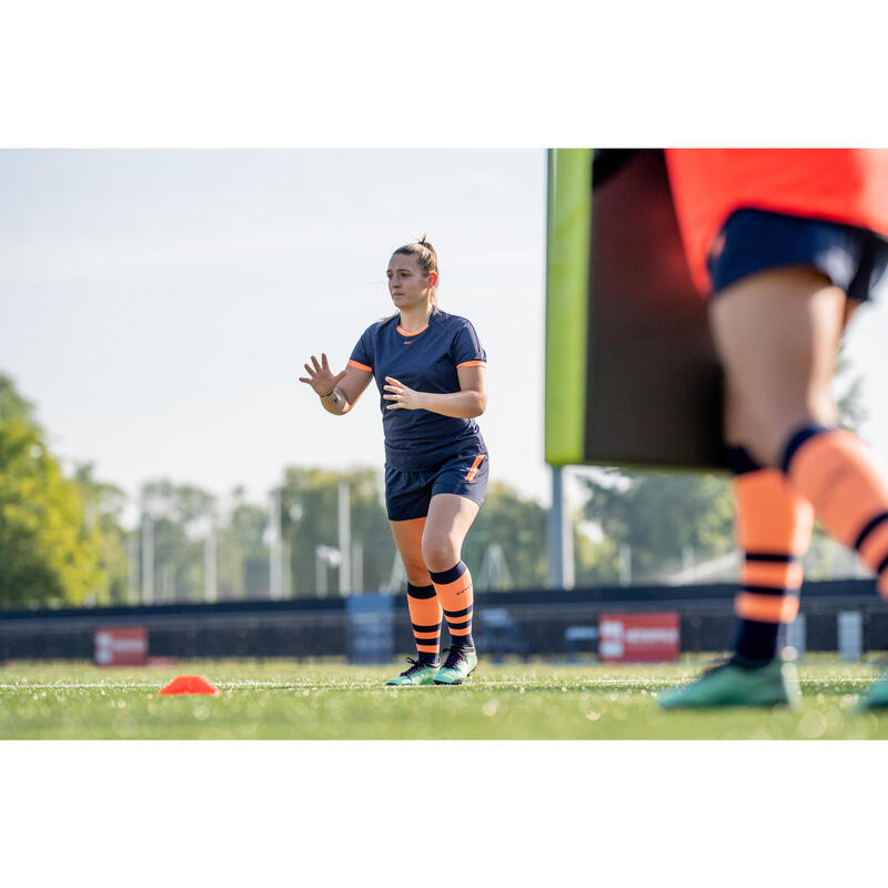 Camiseta de rugby manga corta Offload R100 mujer azul y naranja