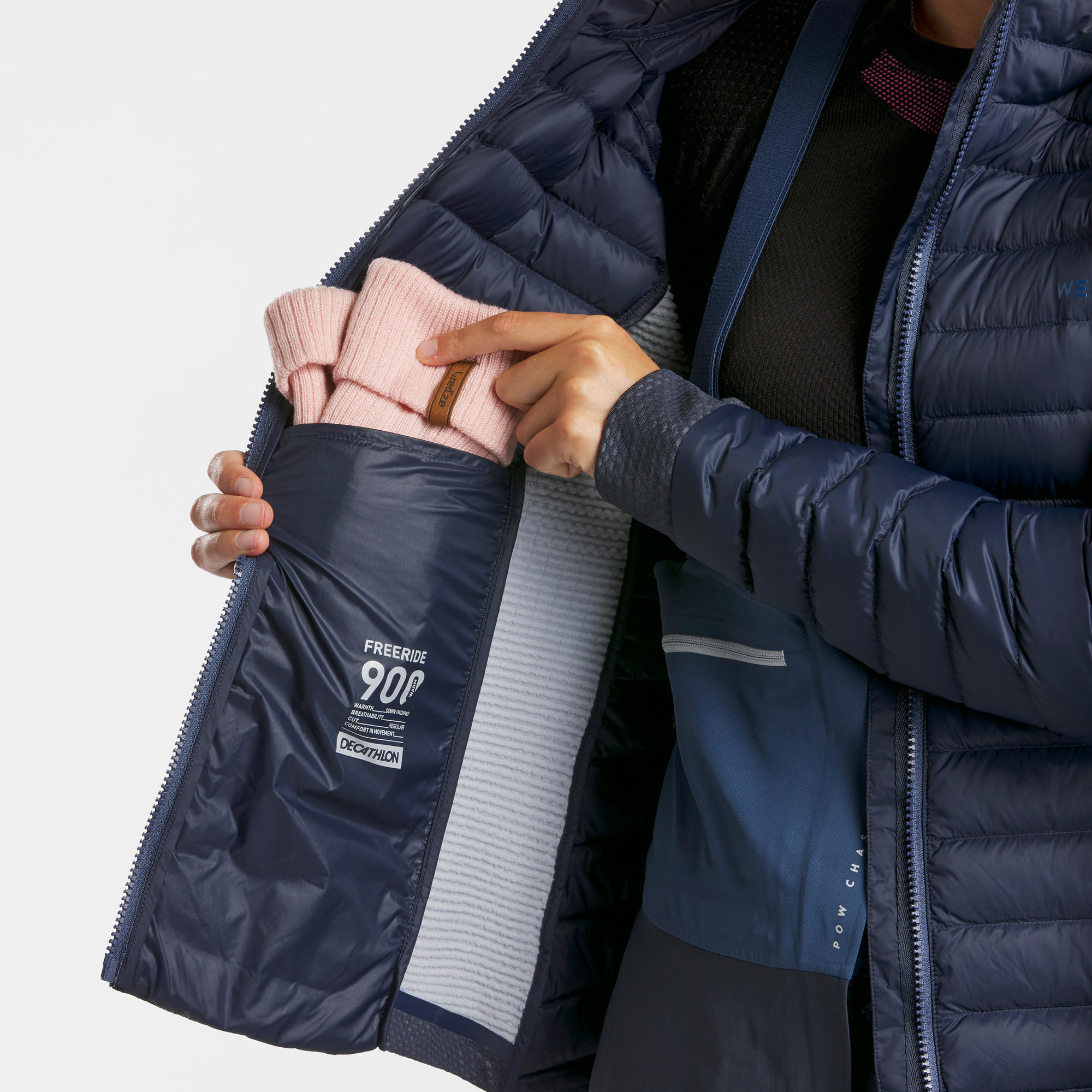 Women's 900 navy blue down-filled lightweight ski down jacket.