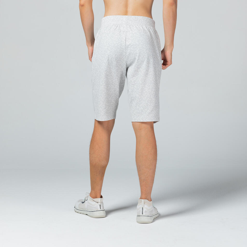 Long Slim-Fit Stretch Cotton Fitness Shorts with Zip Pockets - Grey Pattern