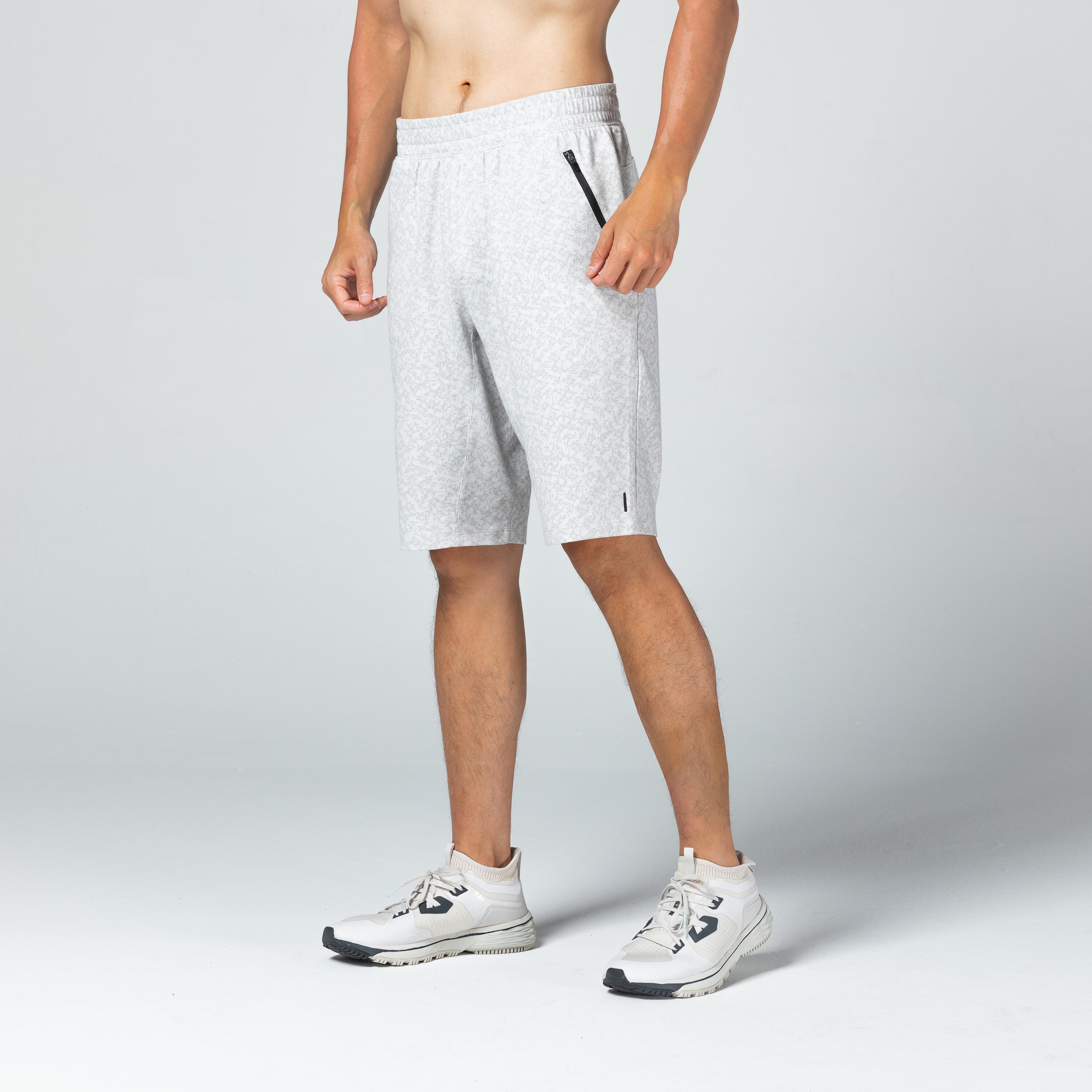 Long Slim-Fit Stretch Cotton Fitness Shorts with Zip Pockets - Grey Pattern 3/8