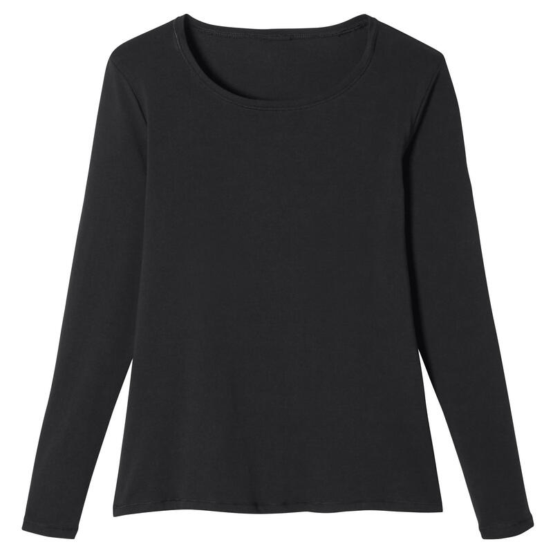 Fitnessshirt met lange mouwen voor dames 100 katoen ronde hals aansluitend model zwart