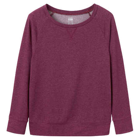 Women's Long-Sleeved Straight-Cut Crew Neck Cotton Fitness T-Shirt 500 - Purple