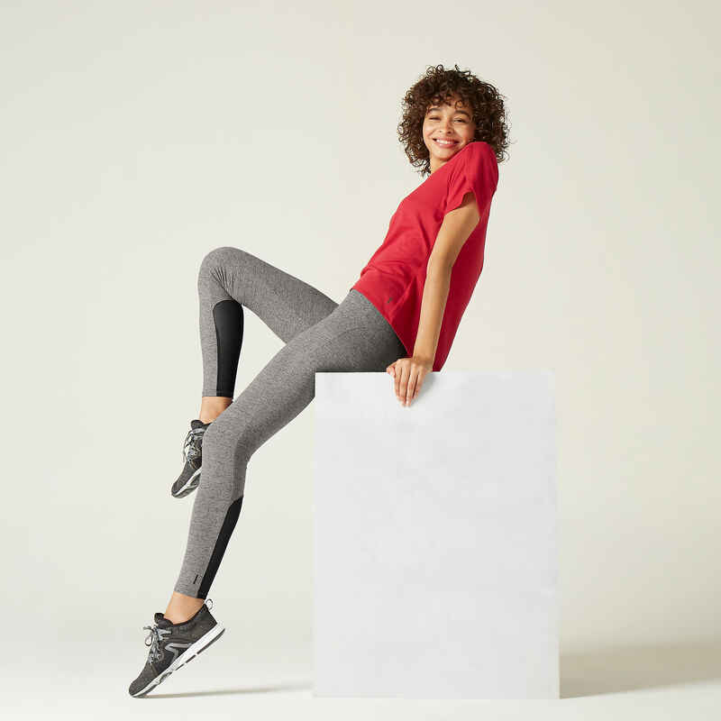 Stretchy High-Waisted Cotton Fitness Leggings with Mesh - Grey