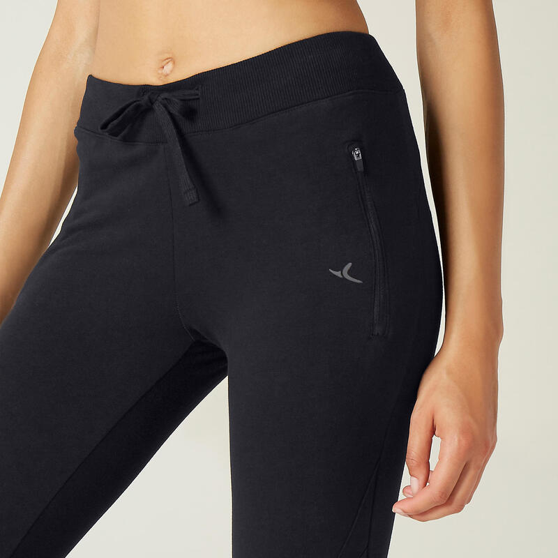 Pantaloni donna fitness 510 slim misto cotone felpati tasche con zip neri
