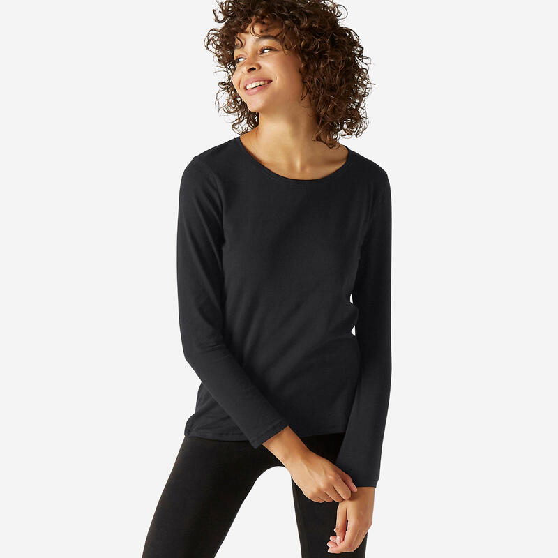 T-shirt maniche lunghe donna fitness 100 regular cotone nera T-shirt maniche lunghe donna fitness 100 regular cotone nera