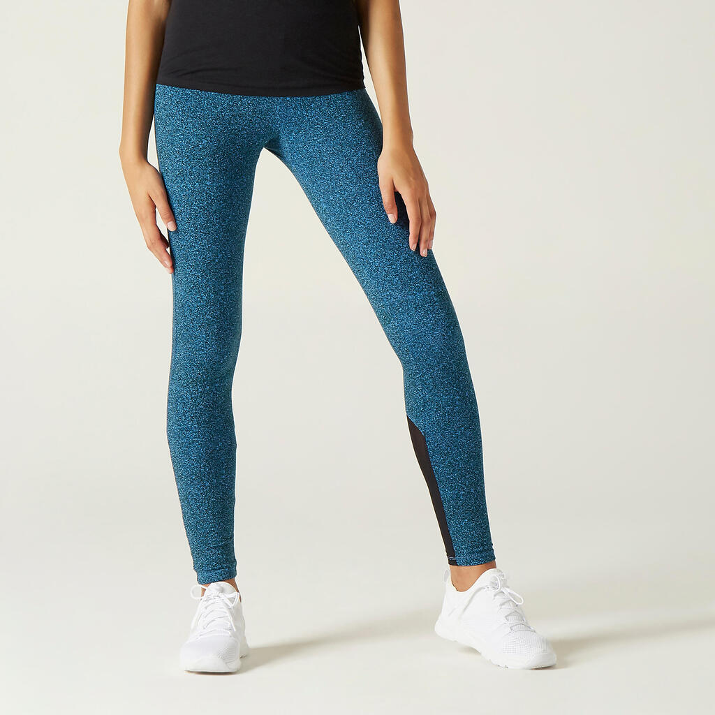 Stretchy High-Waisted Cotton Fitness Leggings with Mesh - Blue Print