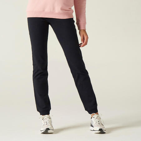 Pantalon jogging fitness femme coton coupe droite sans poche - 120 noir -  Decathlon