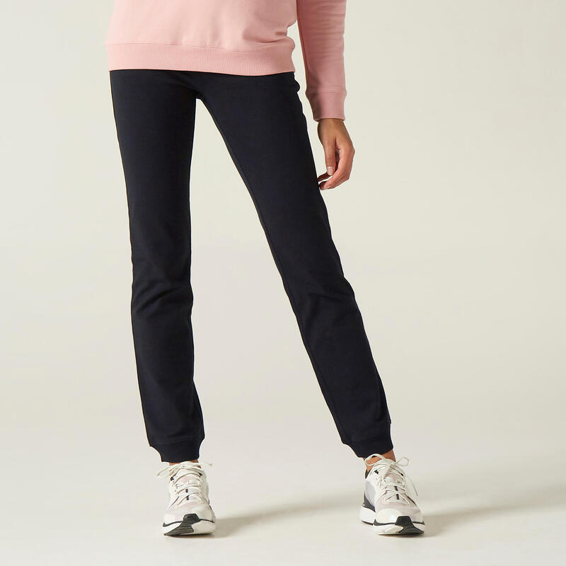 Pantalon jogging fitness femme coton coupe droite sans poche - 120 noir