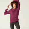 Women's Long-Sleeved Straight-Cut Crew Neck Cotton Fitness T-Shirt 500 - Purple