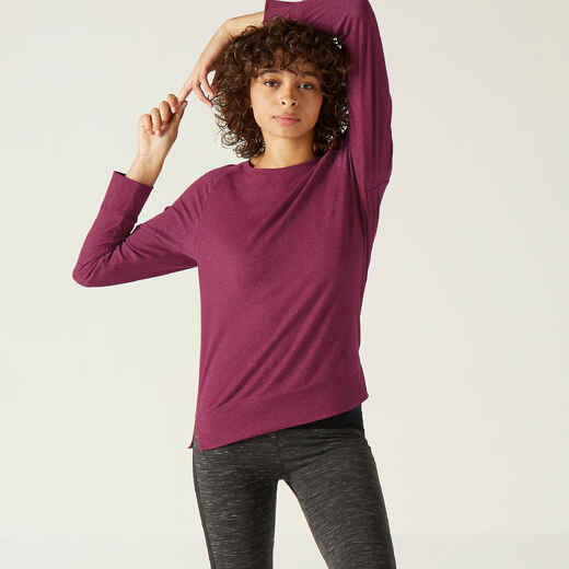 
      Women's Long-Sleeved Straight-Cut Crew Neck Cotton Fitness T-Shirt 500 - Purple
  