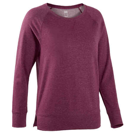 Women's Long-Sleeved Straight-Cut Crew Neck Cotton Fitness T-Shirt 500 - Purple