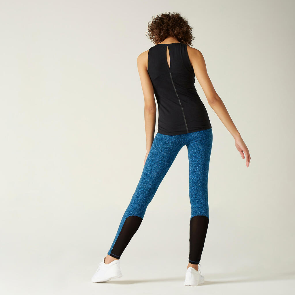 Stretchy High-Waisted Cotton Fitness Leggings with Mesh - Blue Print