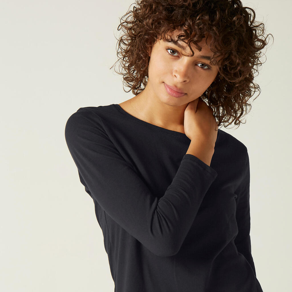 T-shirt fitness manches longues slim coton col rond femme noir