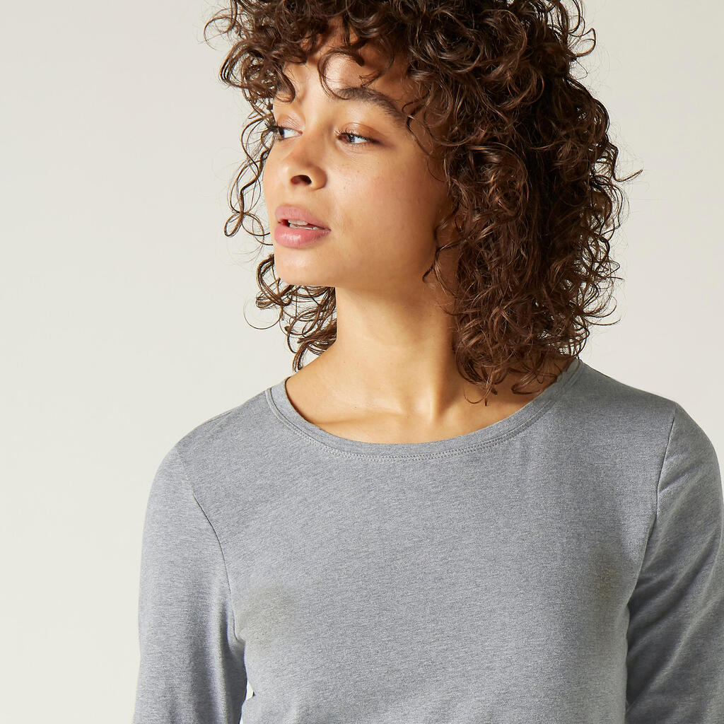 Women's Long-Sleeved Fitness T-Shirt 100 - Mottled Grey