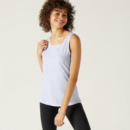 Camiseta sin mangas cuello redondo recta algodón mujer  Fitness -100 blanco glaciar  