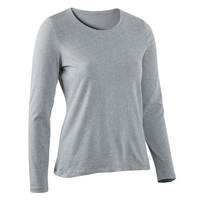 Women's Pilates Long-Sleeved T-Shirt 100 - Mottled Grey